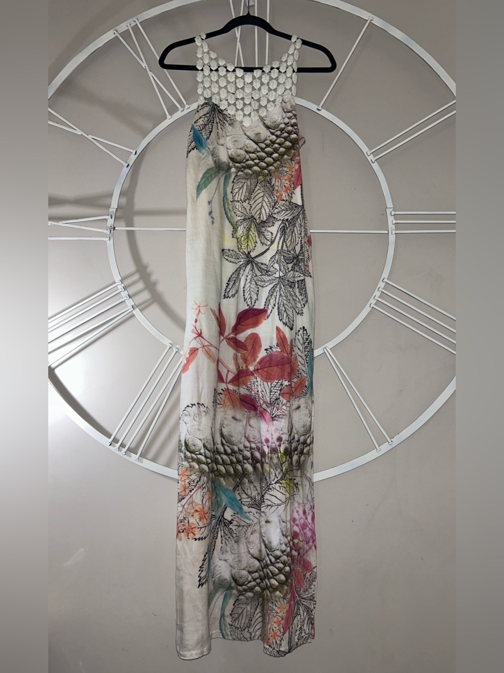 HAES White 100% Cotton Floral Print Maxi Dress with Textured Crochet Yoke